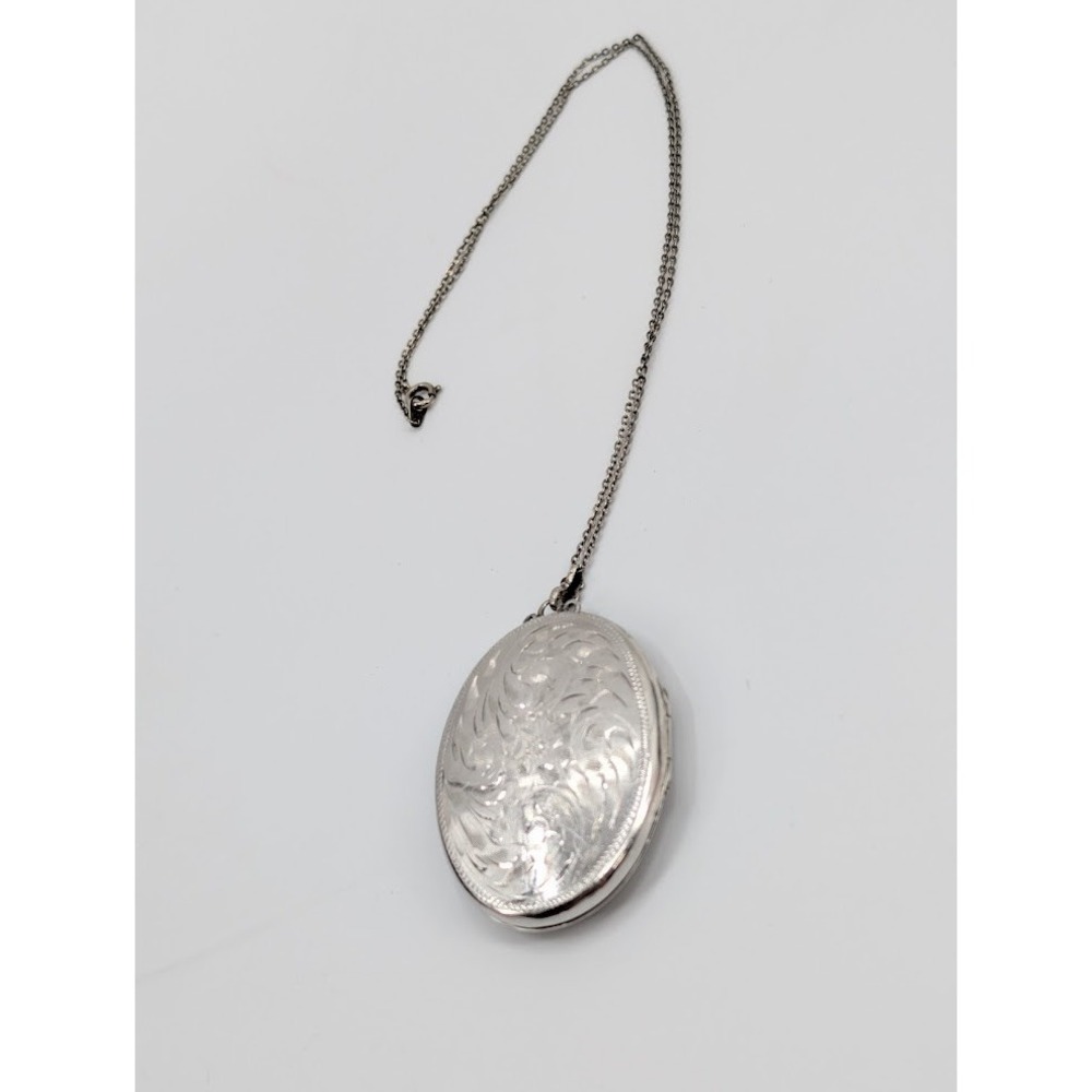Vintage SMIBO‎ Sterling Silver Locket Necklace Etched Floral Pendant Victorian